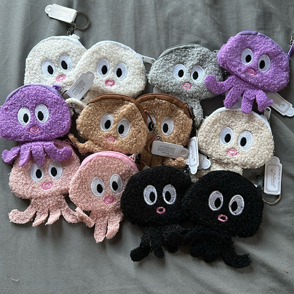 NWT pick one! Fuzzy octopus coin pouch keychain zippered 4"W x 5"L